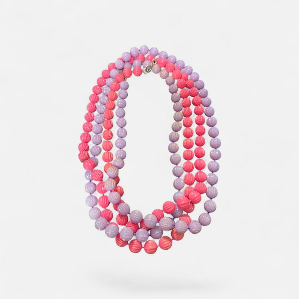 Vintage Sarah Coventry Pink Lavender Ribbed Bead Necklace Set 18” Signed 2pc